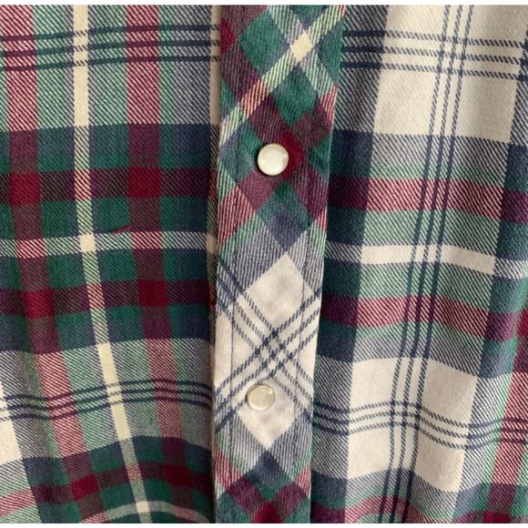 Vintage 90s Wrangler Western Pearl Snap Flannel Shirt 2XLT Tall Plaid Burgundy - Picture 6 of 8